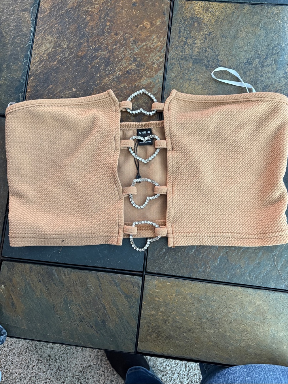 SHEIN Tan Strapless Crop Top with Rhinestone Loop Accents